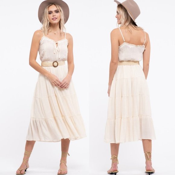 NEW Ivory Stone Boho Tiered Ruffle Trim Midi Dress - Picture 4 of 11